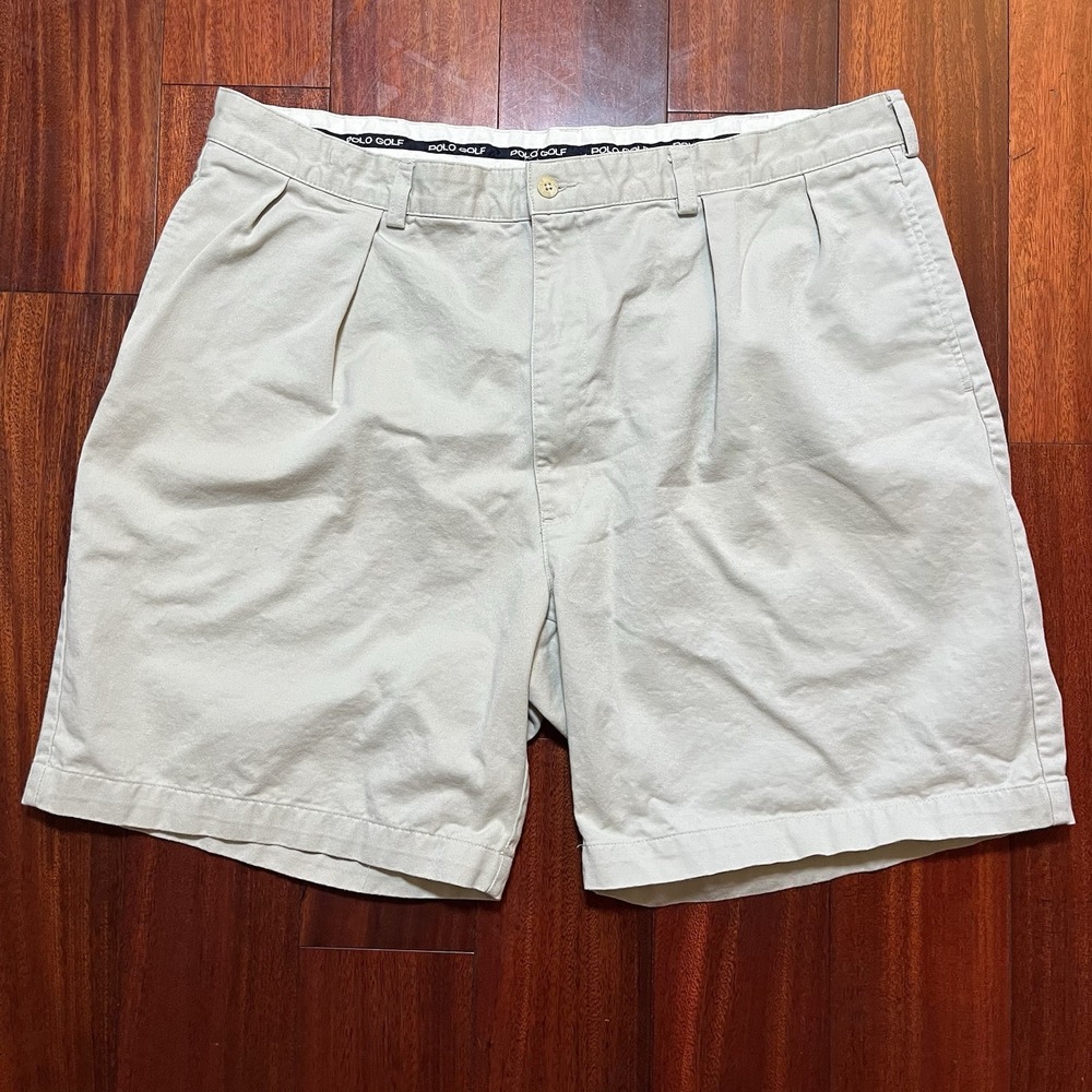 Polo Golf Ralph Lauren Mens Chino Shorts 40 Beige Pleated 8" Inseam Pleated READ